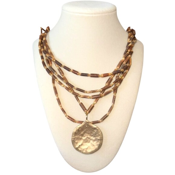 J. Jill Layered Beaded Necklace Hammered Gold Tone Pendant Cord Adjustable - Picture 11 of 15